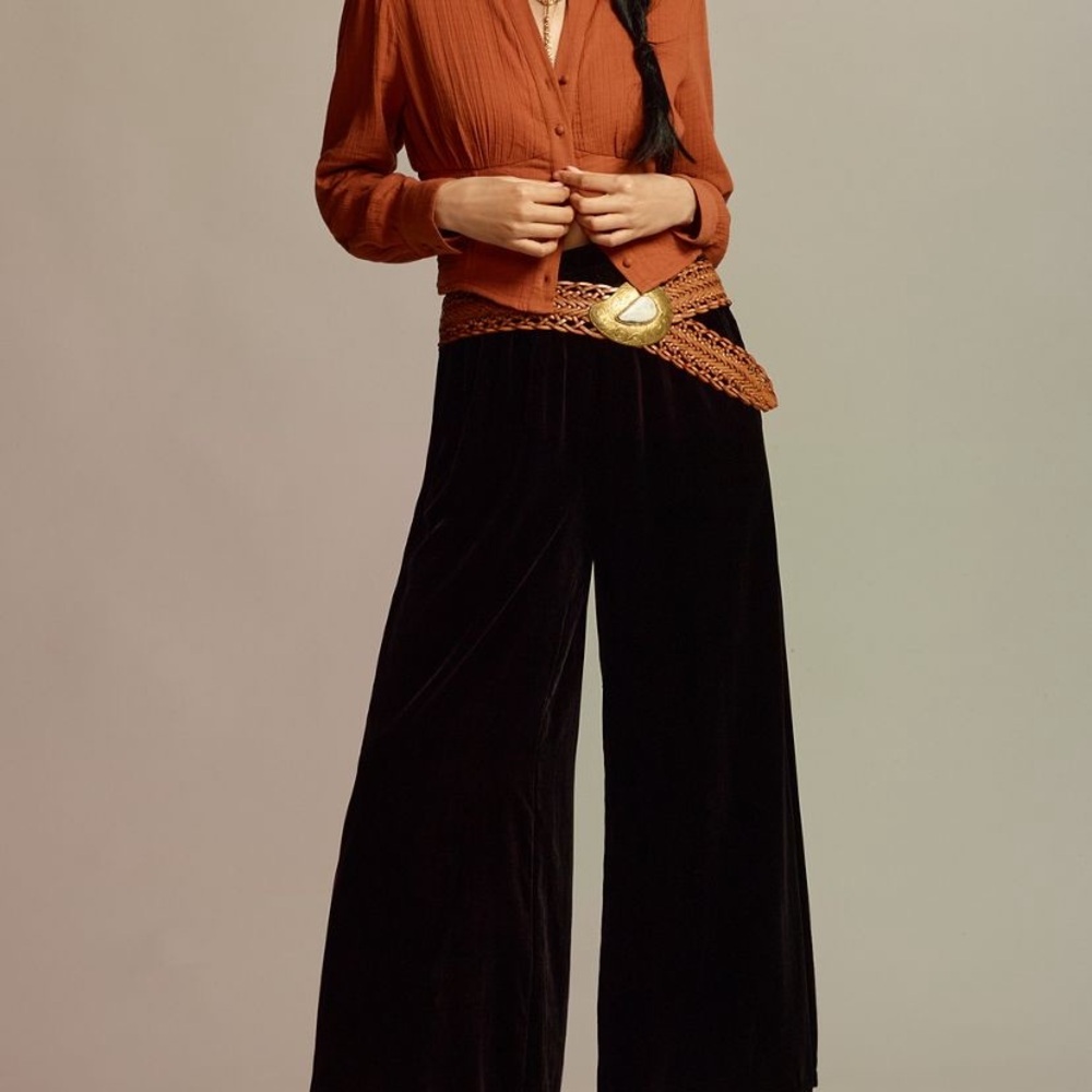Anthropologie: The Somerset Pants, Velvet Edition, Black Wide-Leg Pants
